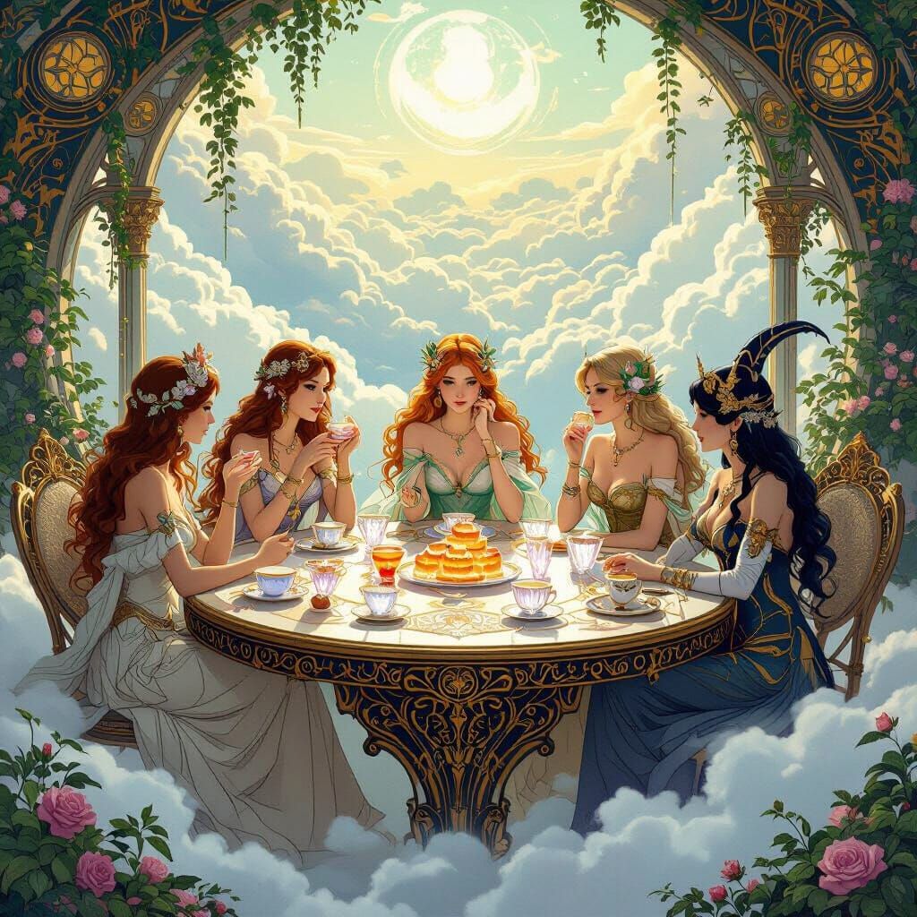 Celestial Tea Party on Floating Island: Art Nouveau Steampun...