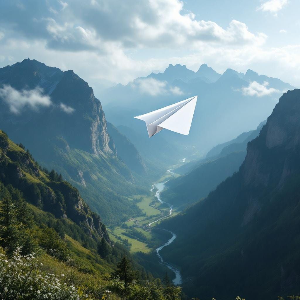 Paper Airplane in Flight Over Valley