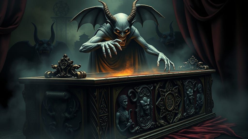 Ethereal Victorian Coffin Scene in Dark, Surrealist Style