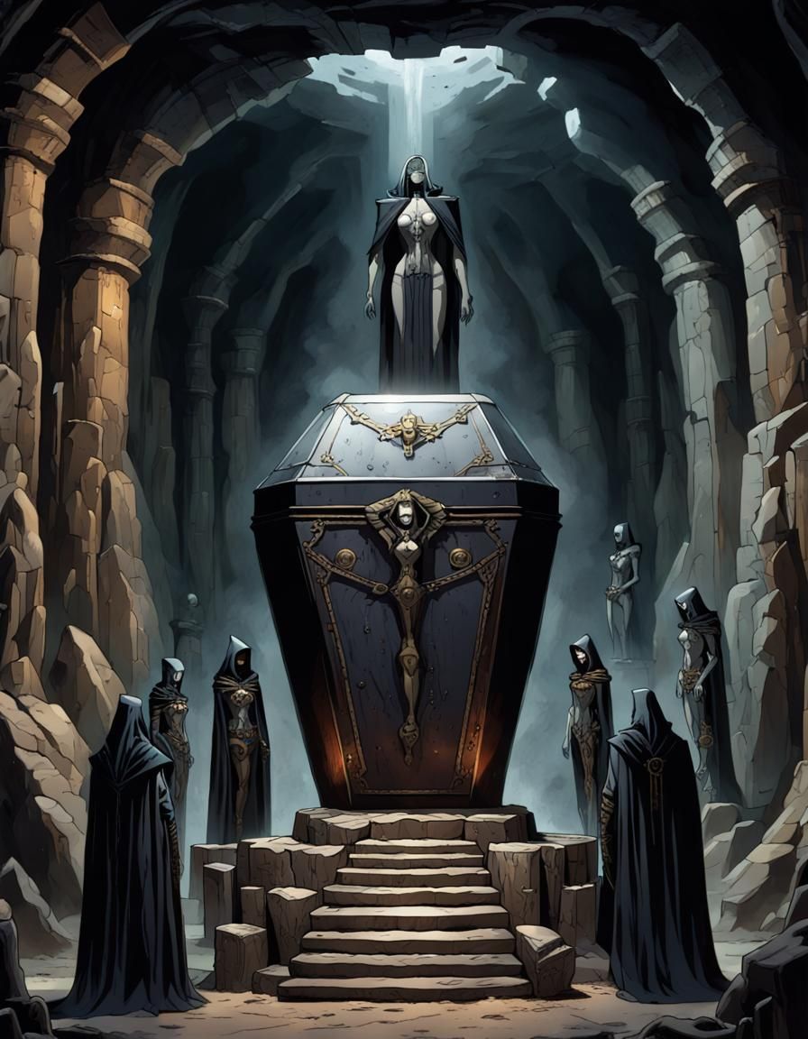 Steampunk Cryo Coffin Ritual in Dark Cave