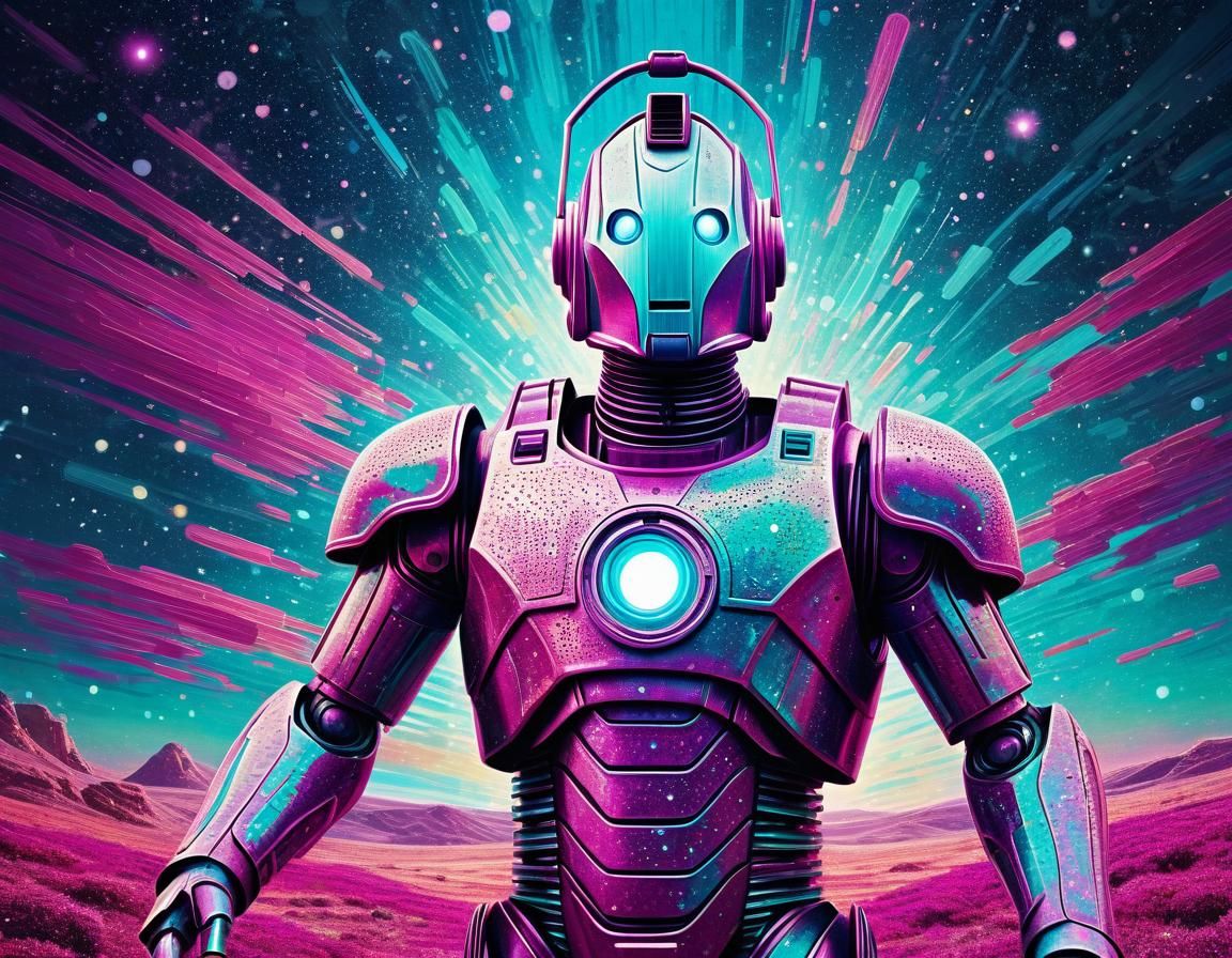 Cyberman in Radiant Pointillist Landscape