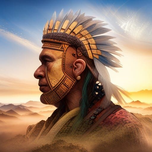 Aztec Warrior Face in Double Exposure Scenery