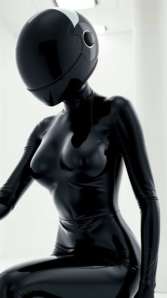 High-Fashion Woman in Futuristic Black Latex Suit, Minimalis...