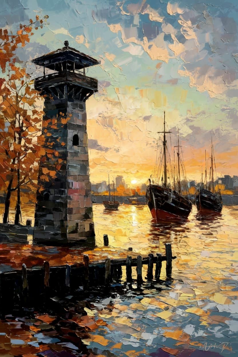 Vibrant Autumn Watchtower Scene in Impasto Style