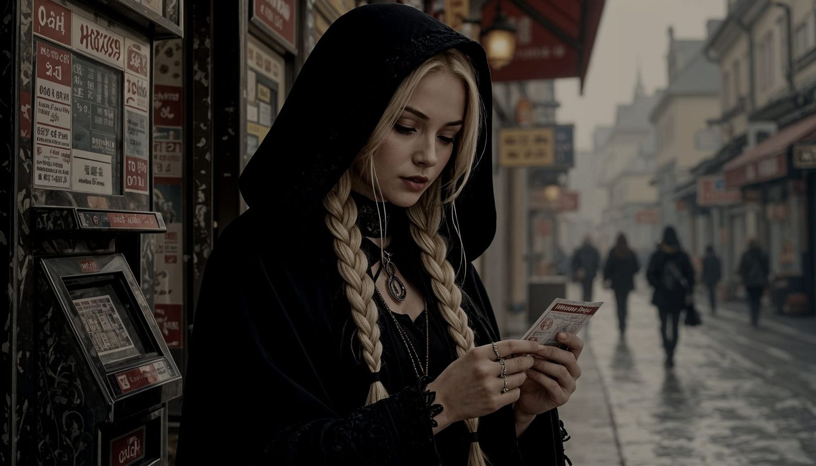 Goth Woman Purchases Lottery Ticket in Dark Futurism