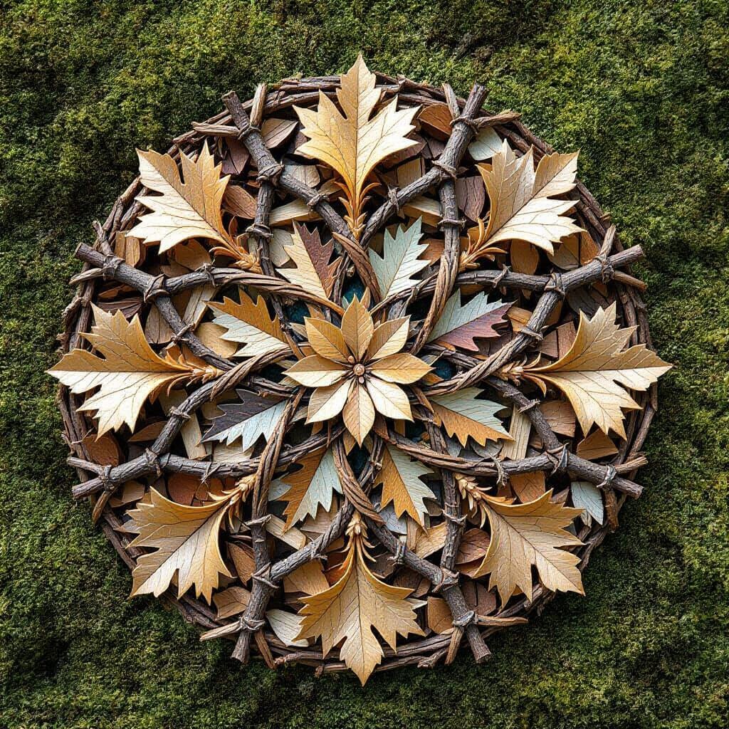 Nature mandala made from twigs, wood chips, and bark slices,...