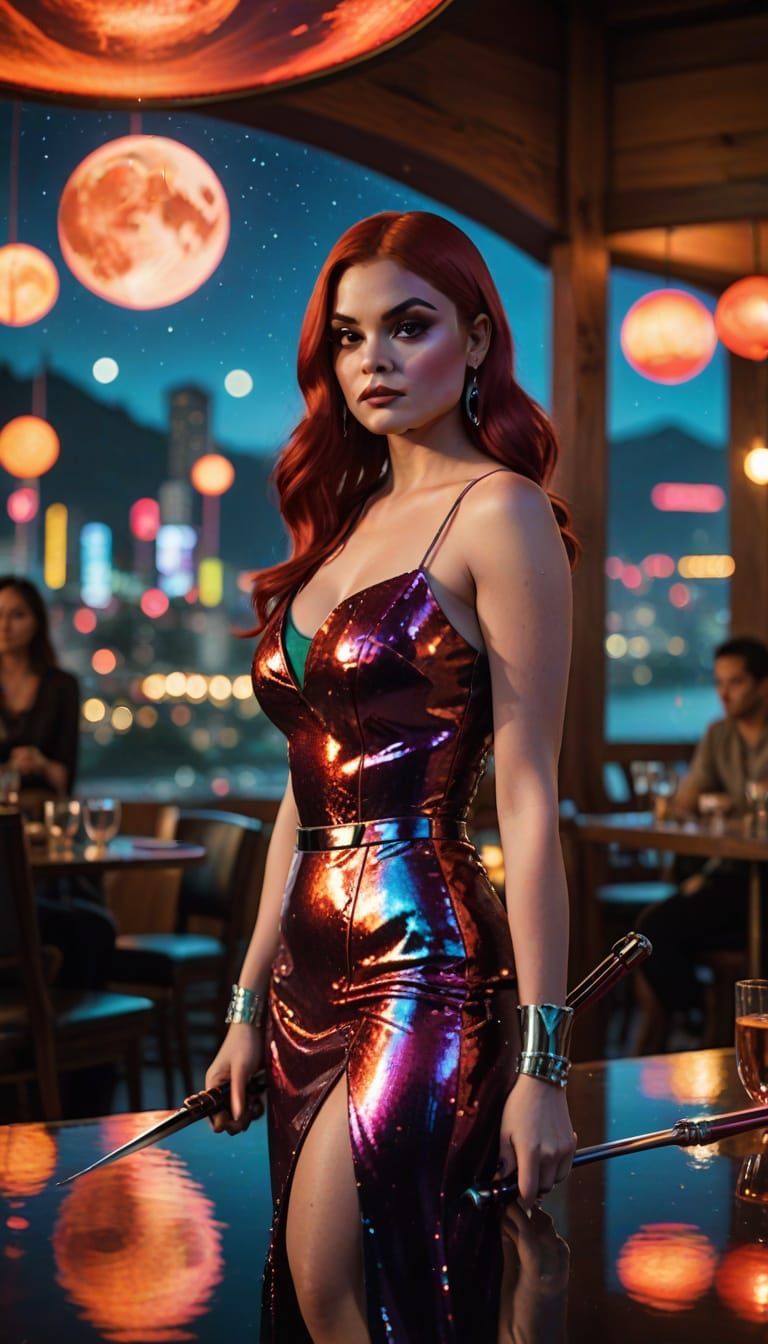 Ariel Winter dressed a  sultry jessica rabbit walking in a restaurant with a samurai sword