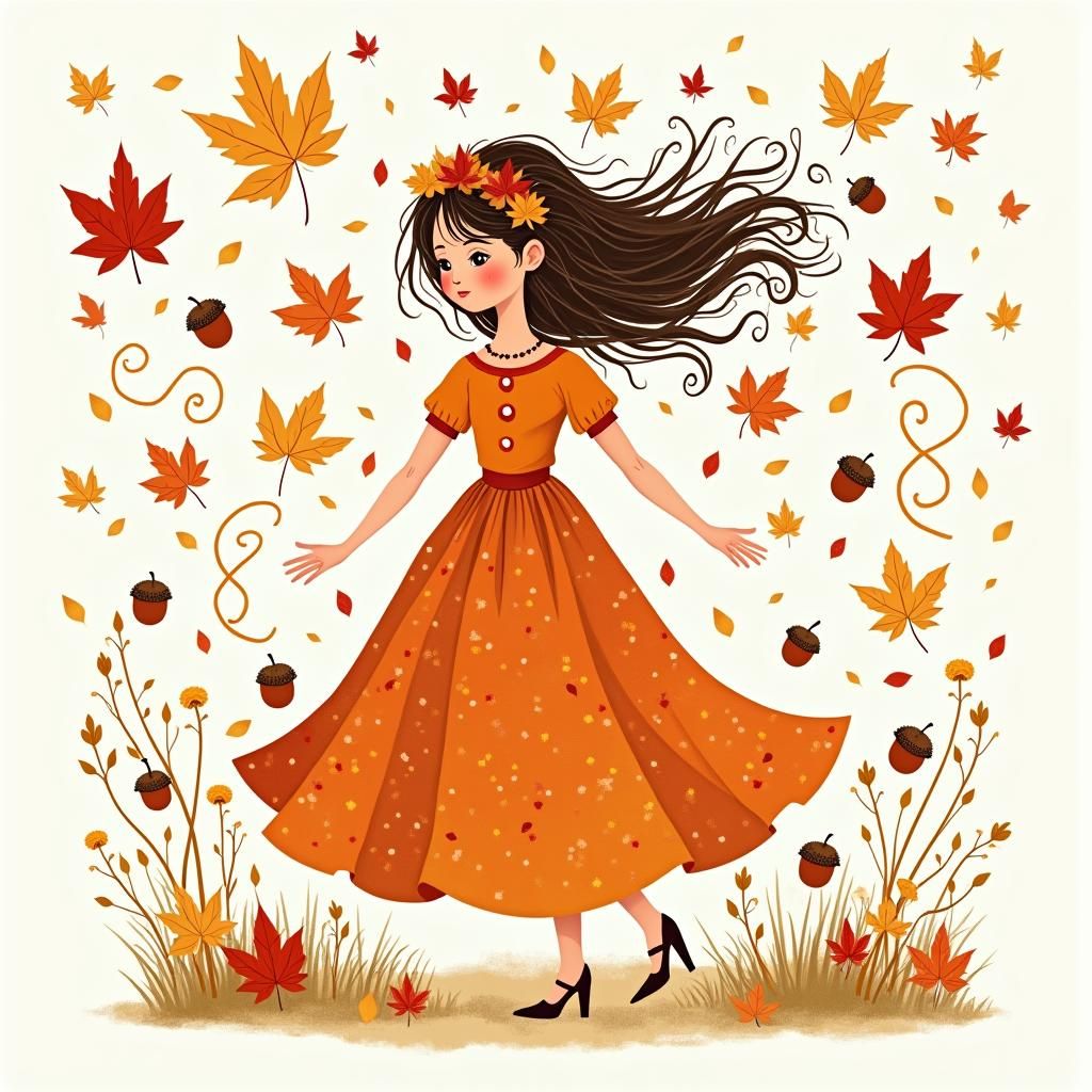 Whimsical Autumn Woman in Vibrant Vector Style