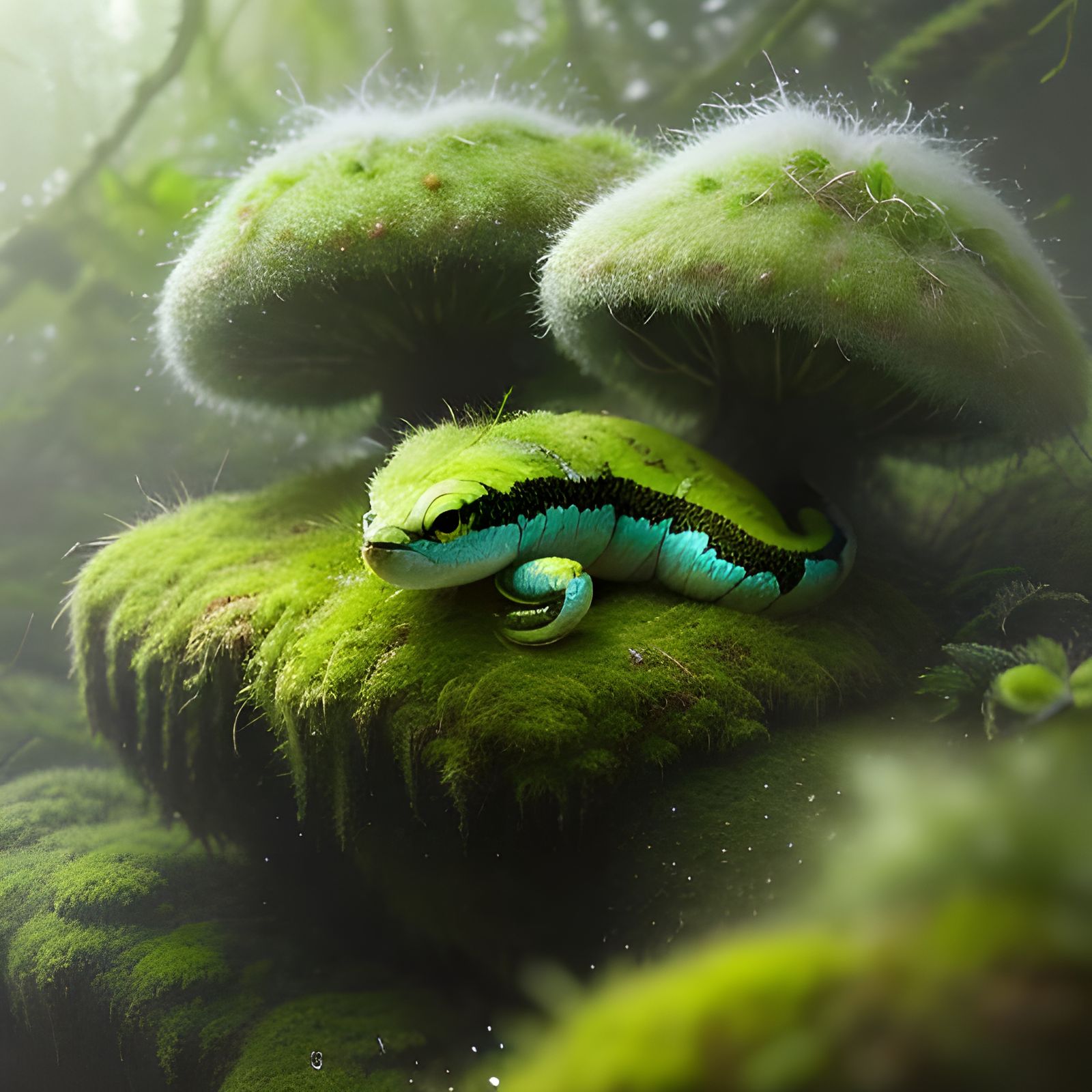Cute Baby Moss Snake in Dreamy Forest