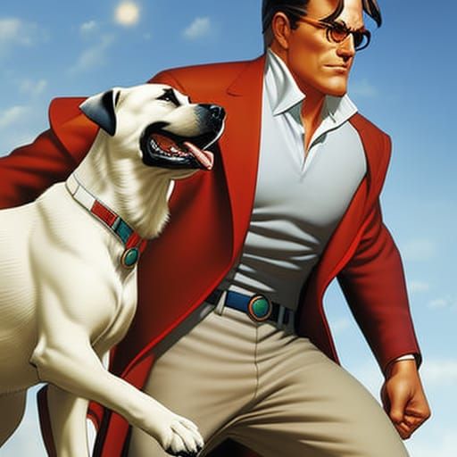 "Clark Kent playing in a park with his dog Krypto