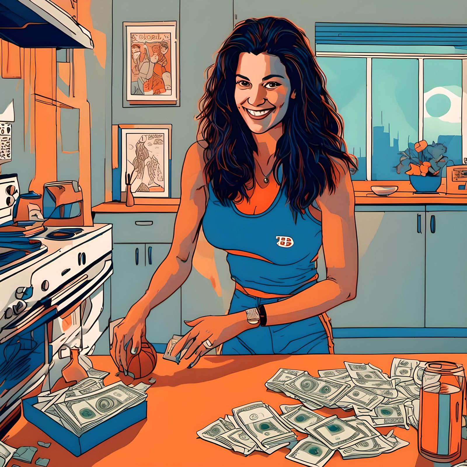 80s Neon Portrait: Woman with Football in Kitchen