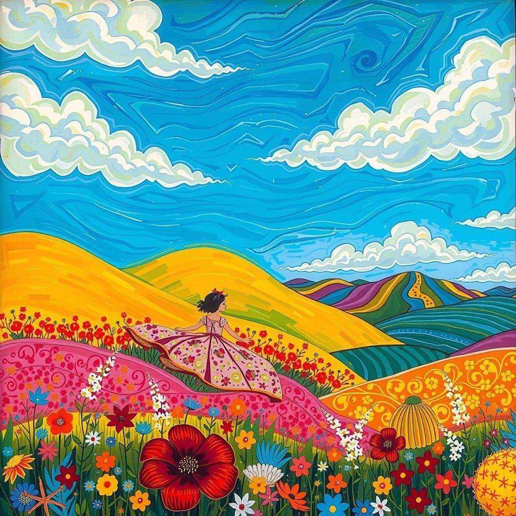 Whimsical Folk Art Dance in Vibrant Wildflower Meadow