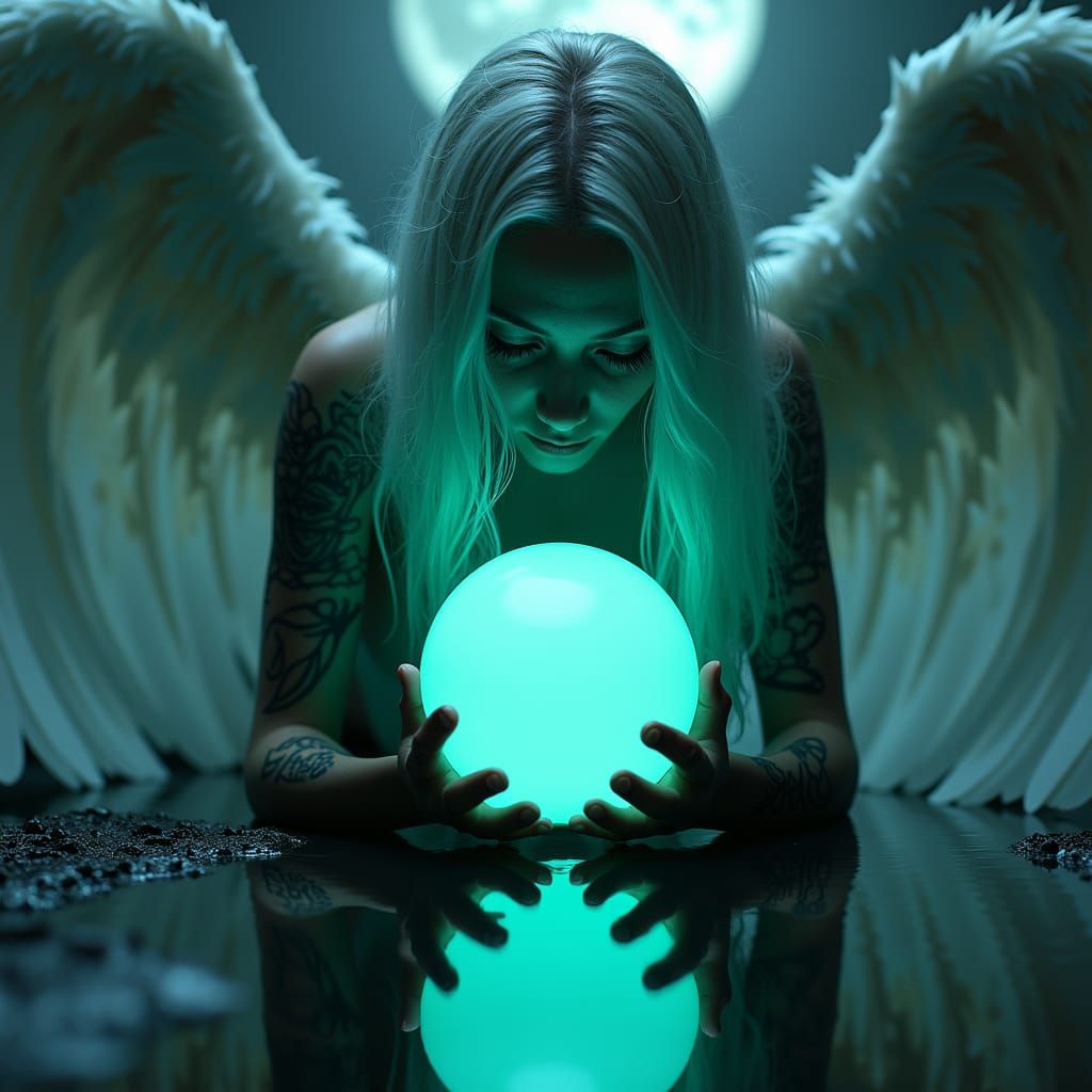 Gothic Cyber-Angel with Bioluminescent Orb
