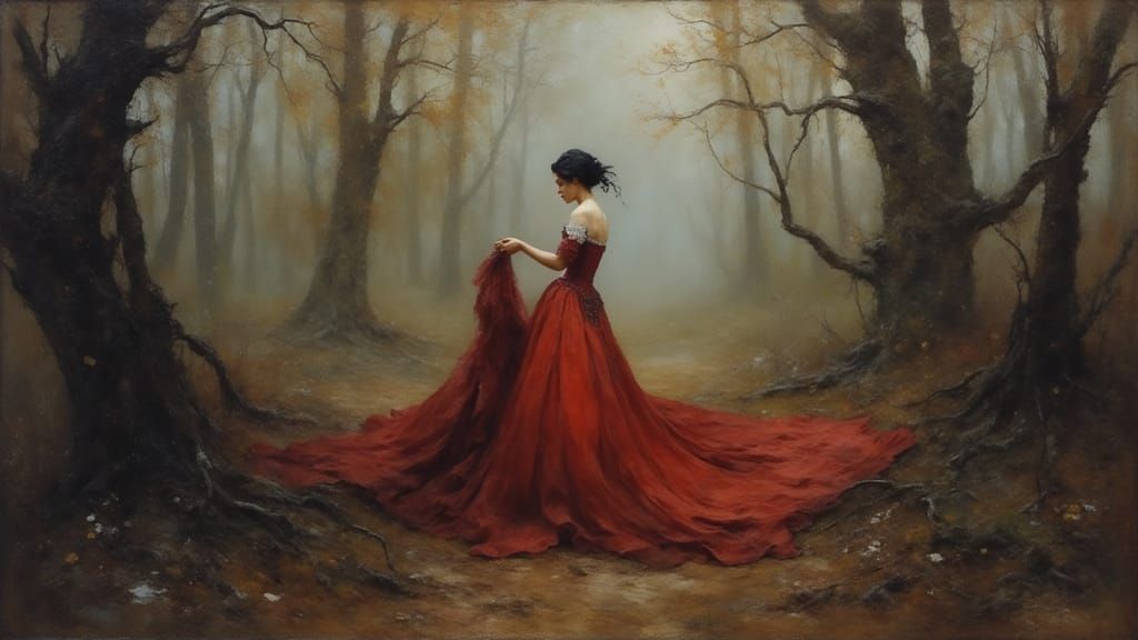 Mysterious Woman in Forest, Oil Painting Style