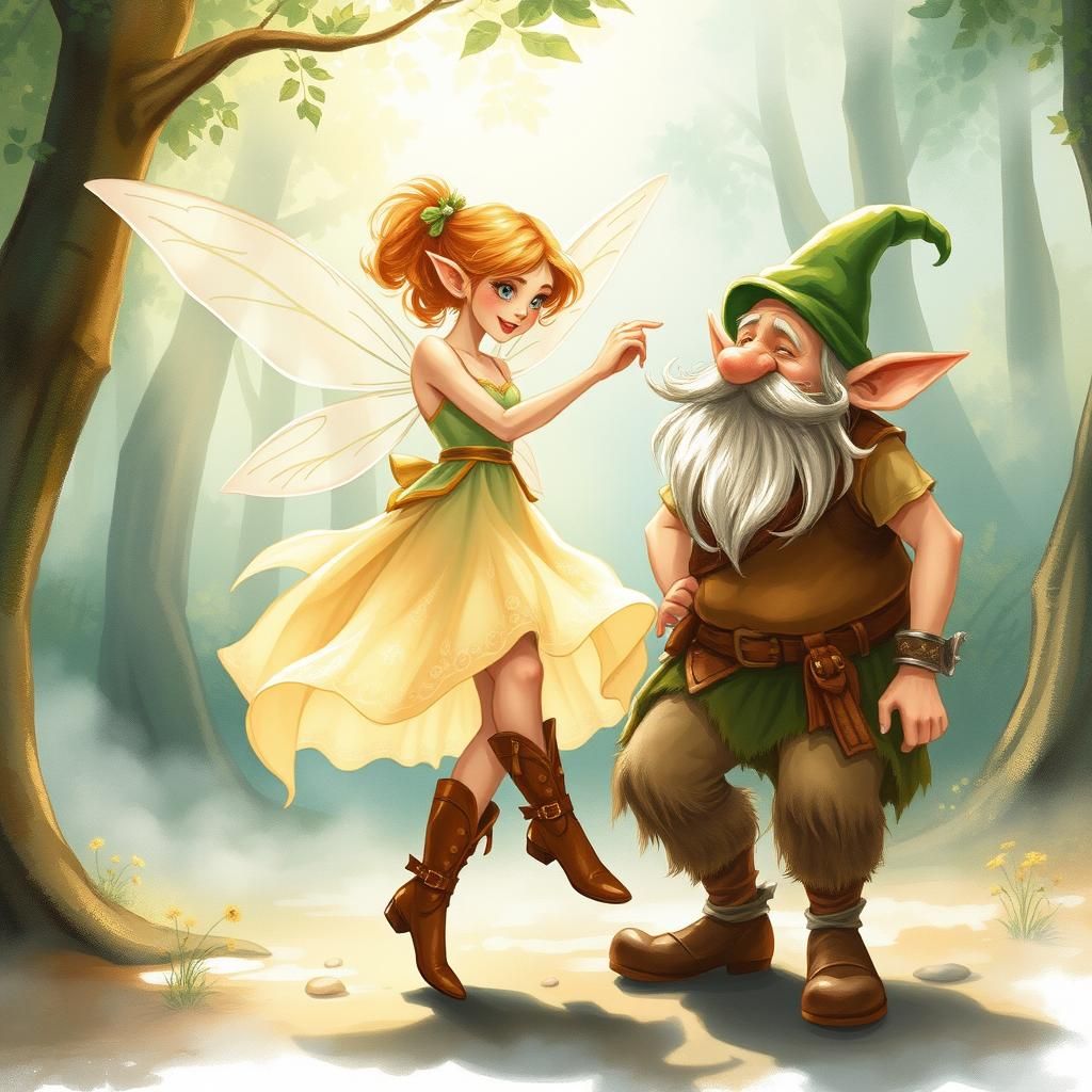 Fairy with boots dancing with a dwarf.