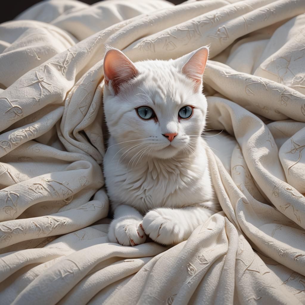 White Cat on Couch in 3D Anime Art Style