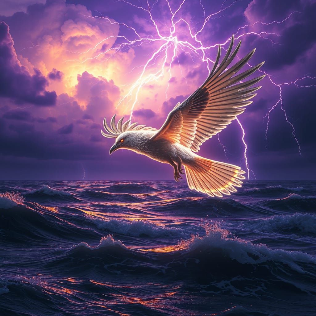 Ethereal Raven soars over Turbulent Waves in a Dramatic, Lig...