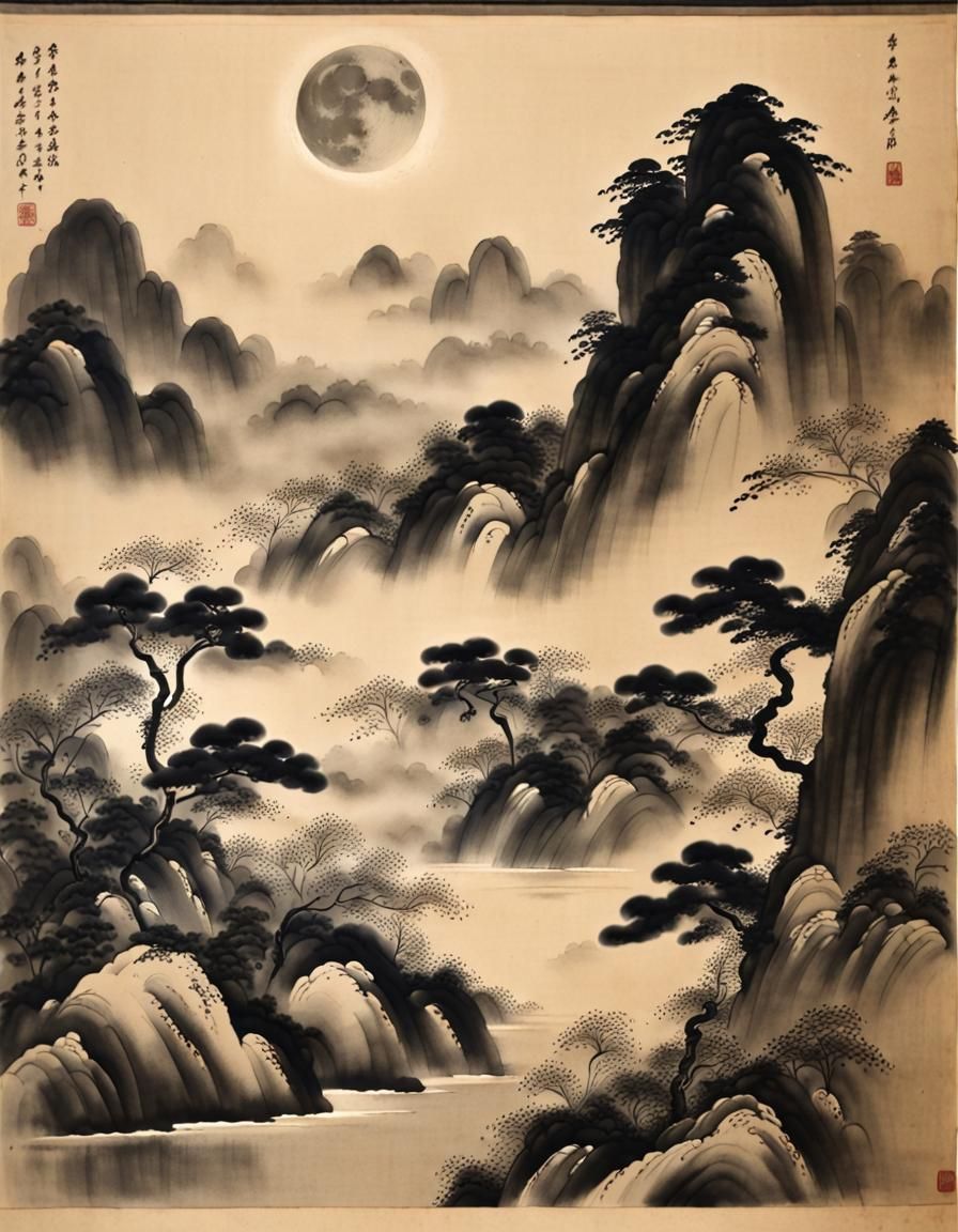 Qing Dynasty Ink Painting: Mountains Under Moonlight