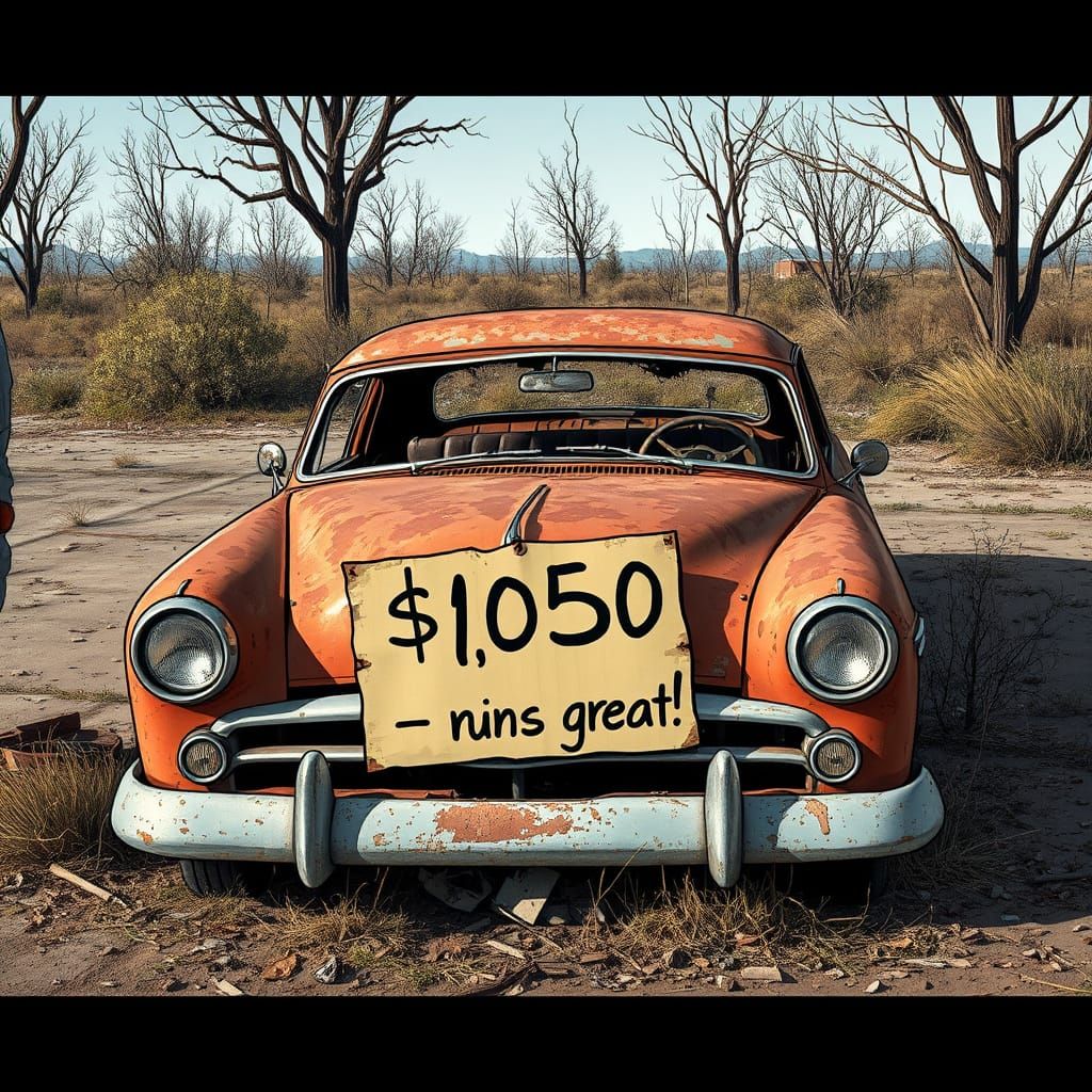 Rusting Car in Desolate Lot with Humorous Sign