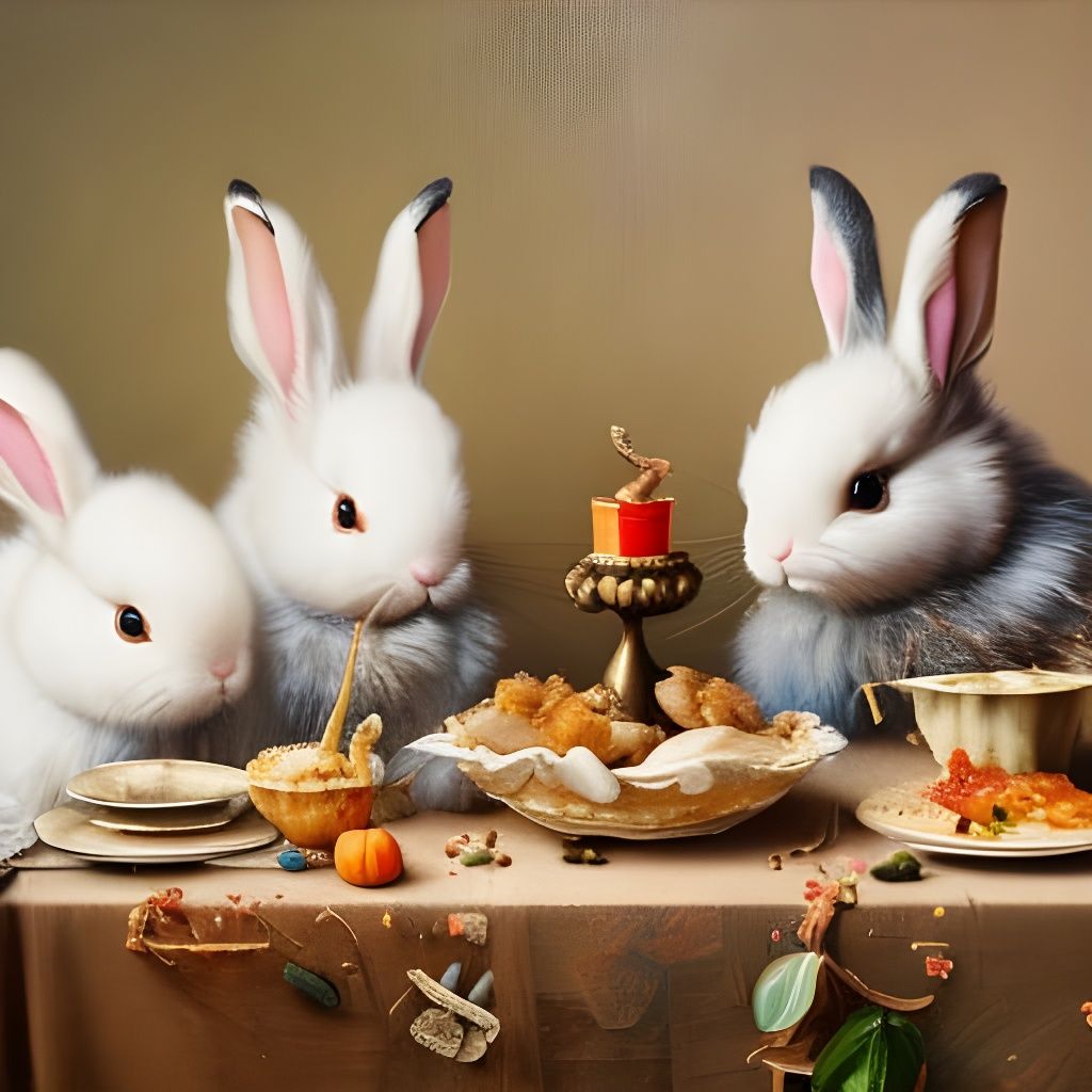 Cute Bunnies Celebrate Thanksgiving: Oil Painting