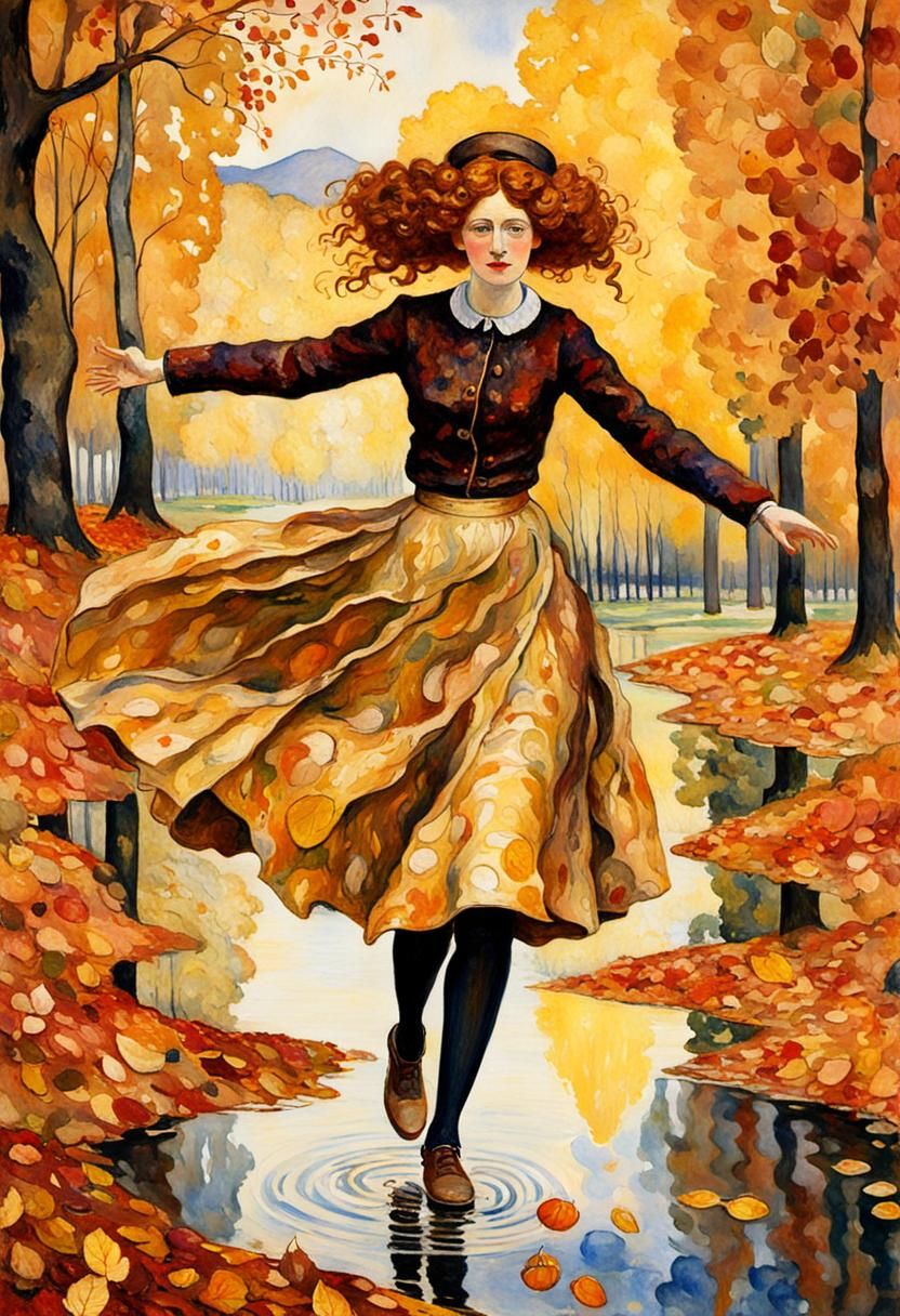 Edwardian Woman Leaps in Autumn Park, Klimt Impressionism