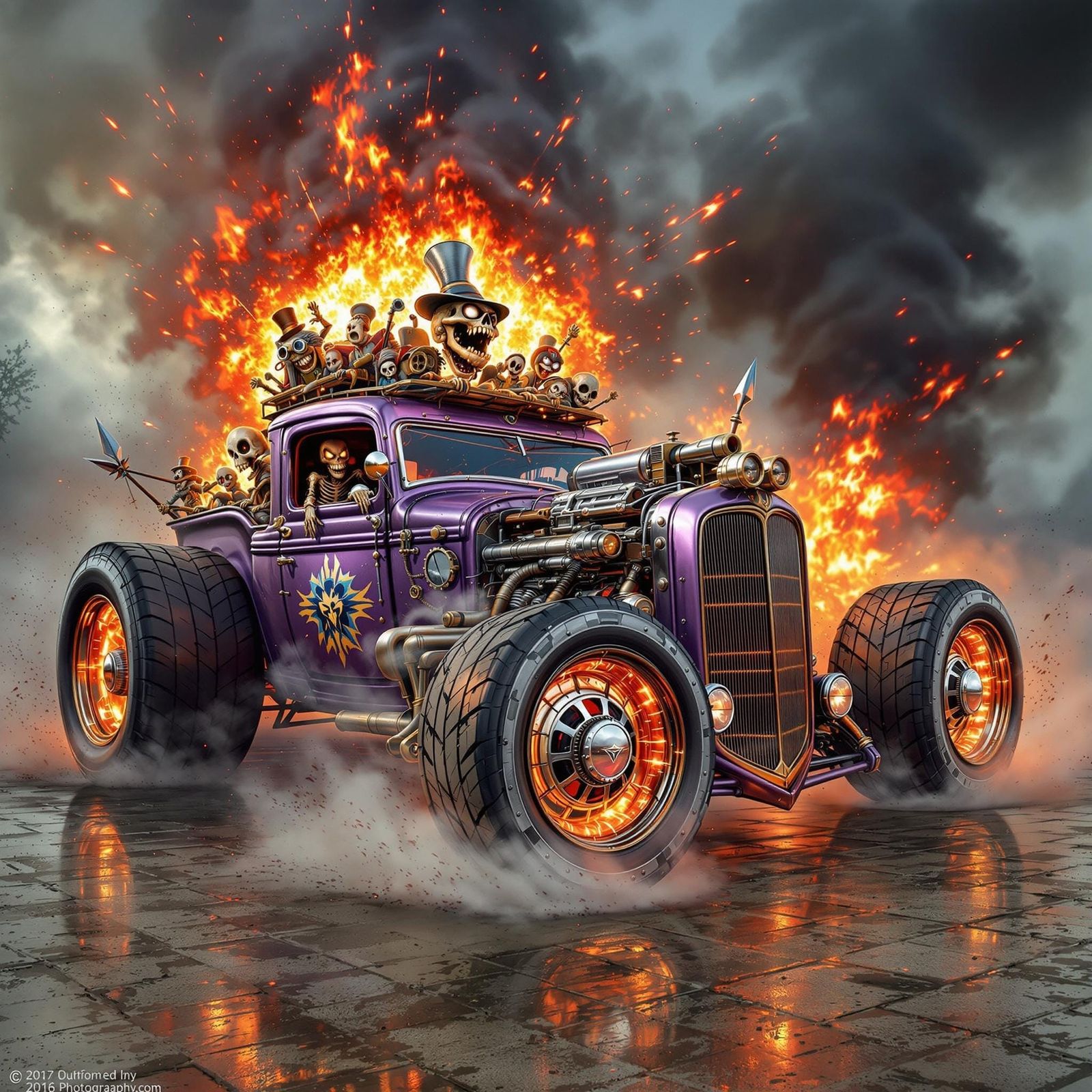 Steampunk Skeletons Ride in Whimsical Explosion