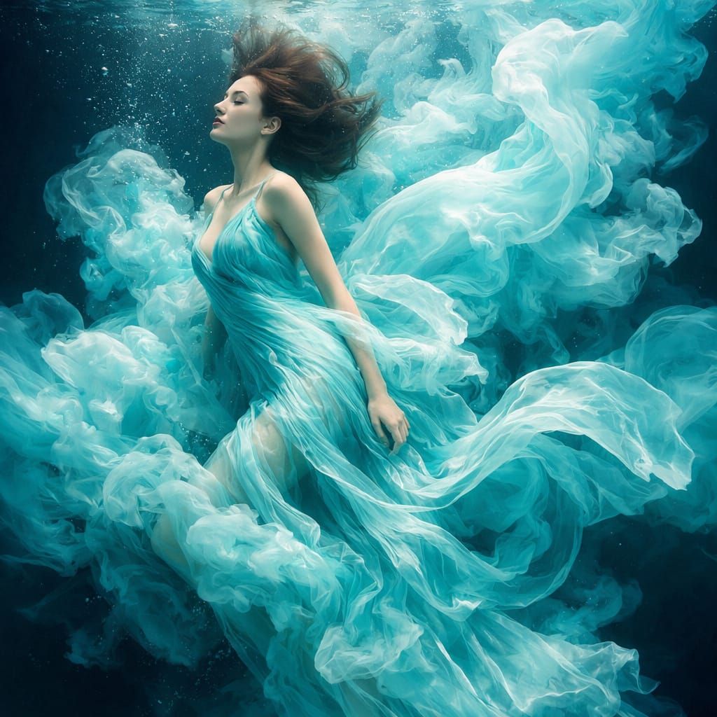Woman in Billowing Turquoise Silk Gown Underwater