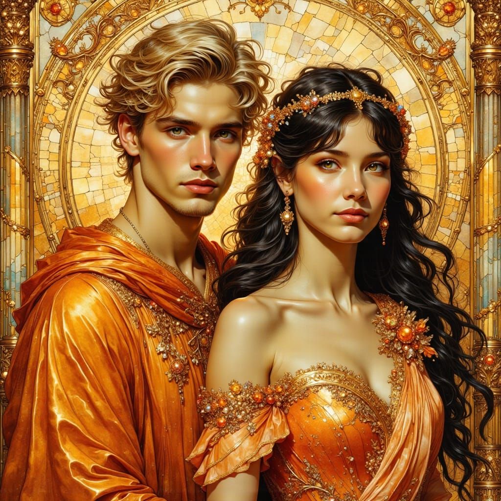 Romantic Couple in Art Nouveau Impressionist Style