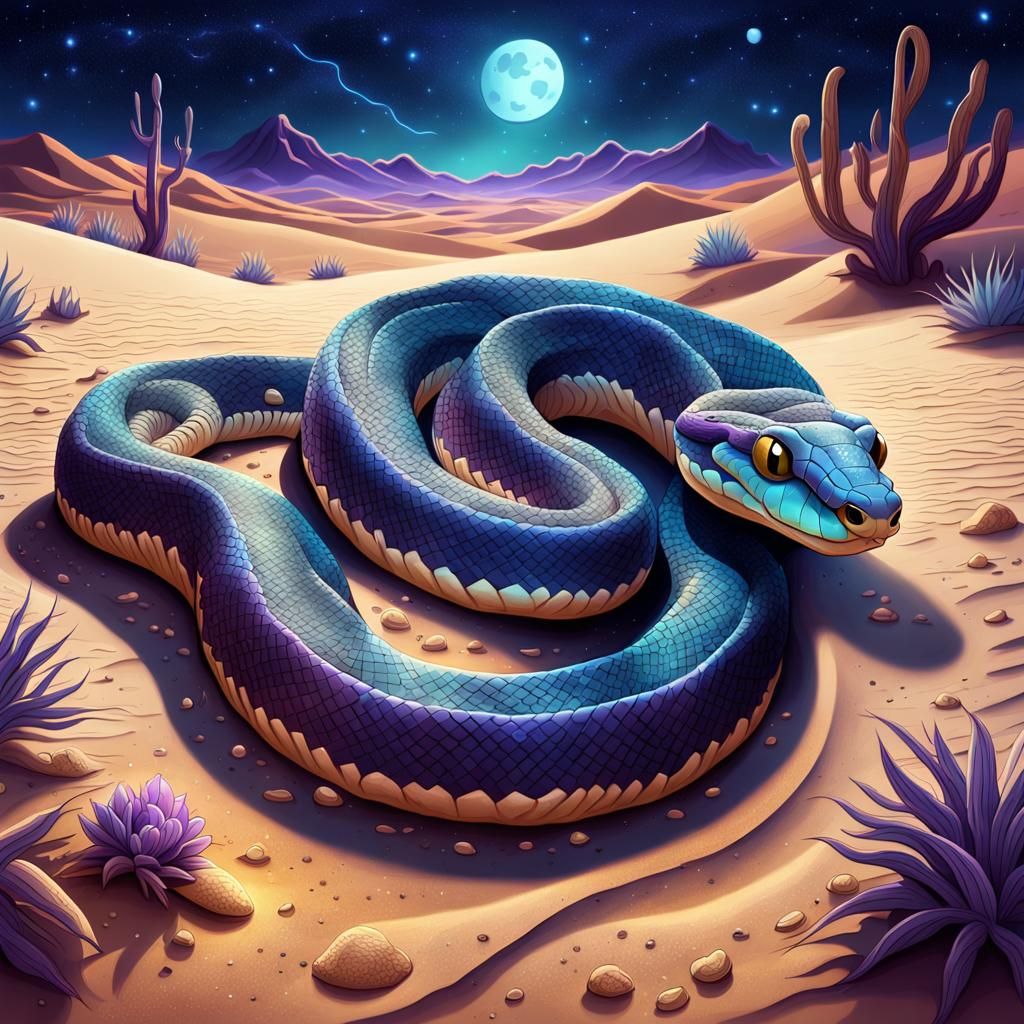 Dreamlike Cartoon Snake Sleeps Under Desert Stars