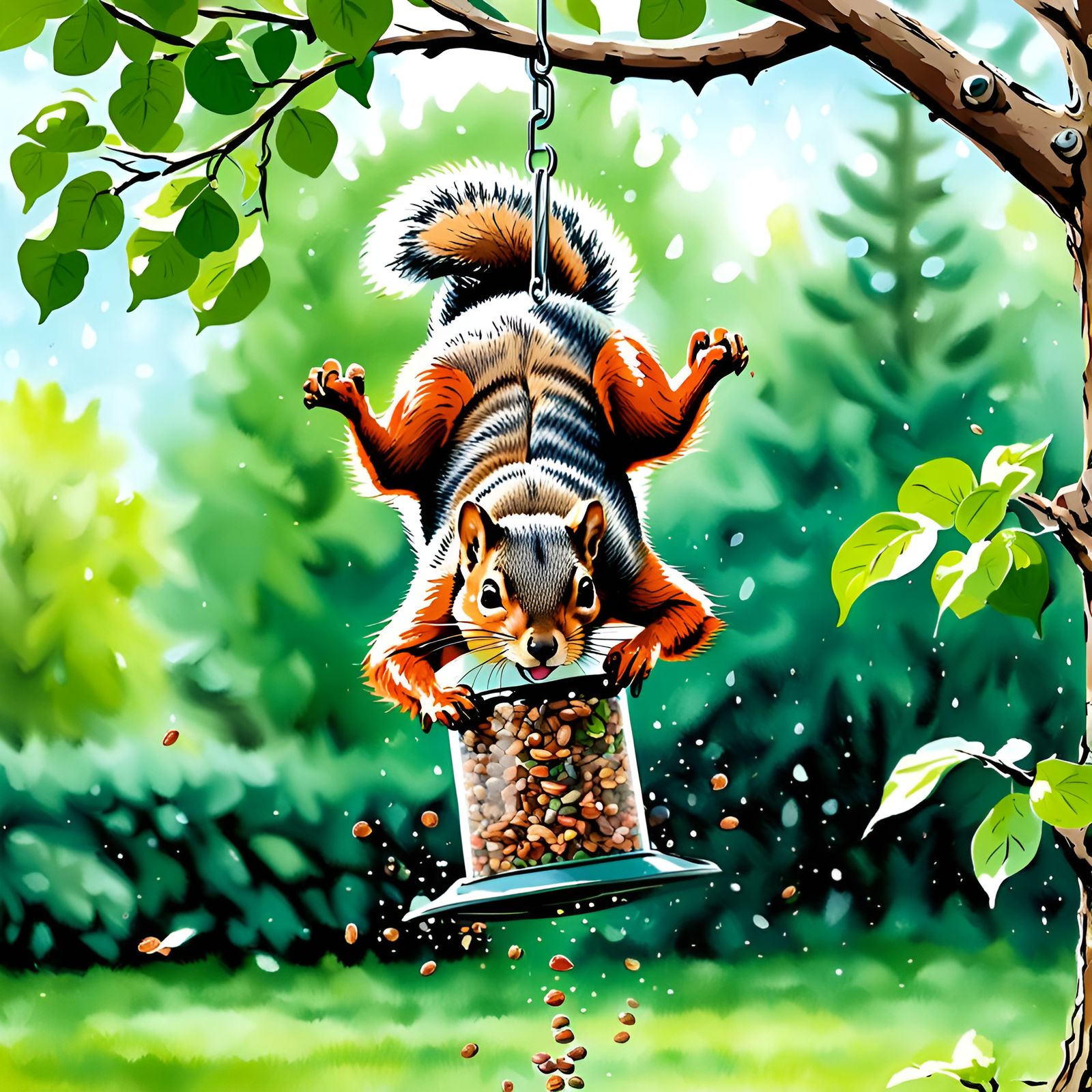 Humorous Squirrel Steals Birdseed: Watercolor Painting
