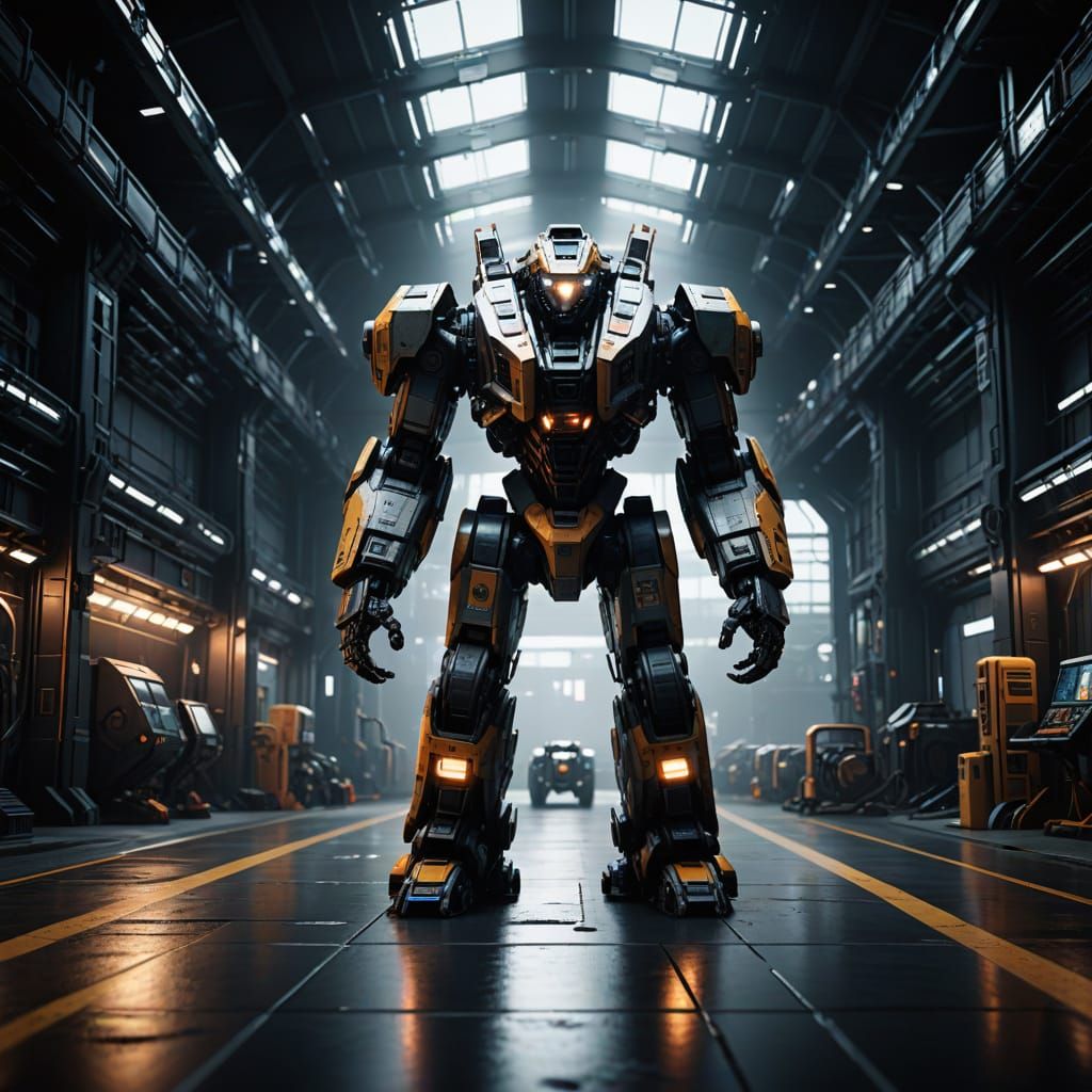 Epic Futuristic Mech Kit in a Vast, Atmospheric Hangar