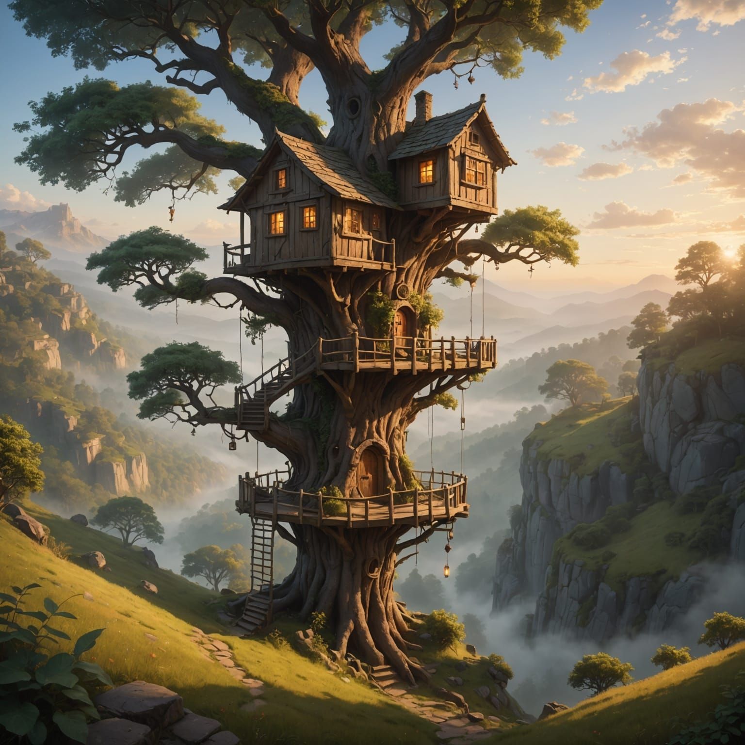 Whimsical Treehouse in Misty Valley at Dawn, Painterly Style