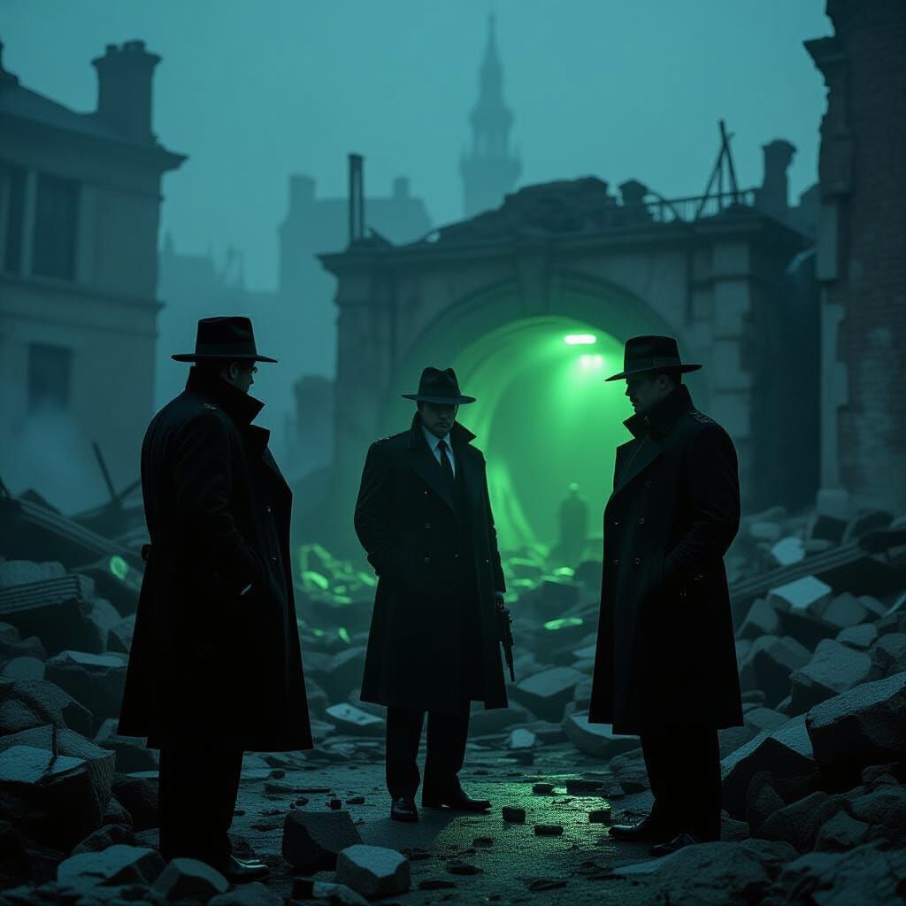 Men in Black in Bombed City, Retro-Futuristic Style