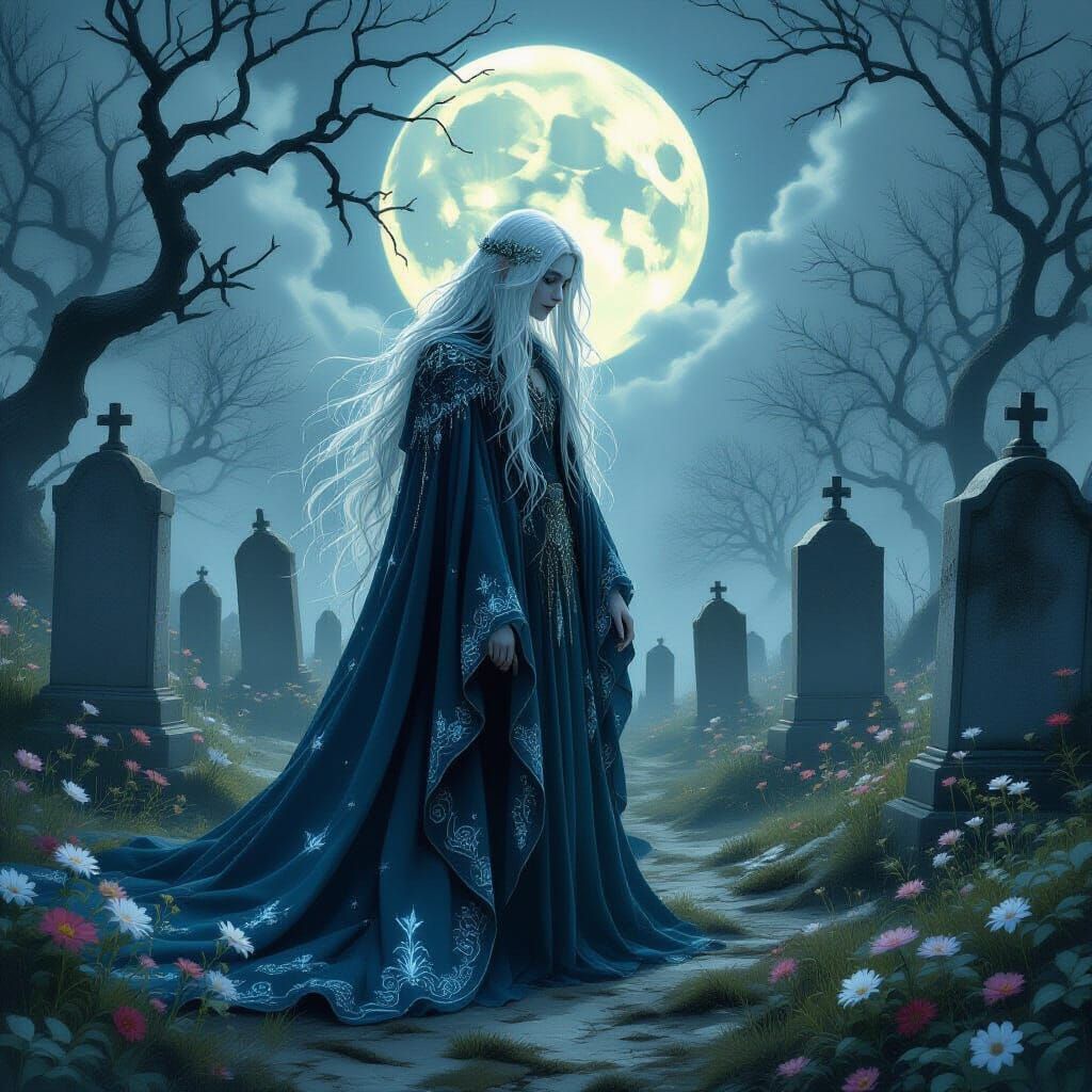 Ethereal Starlight Being in Graveyard, Art Nouveau Style