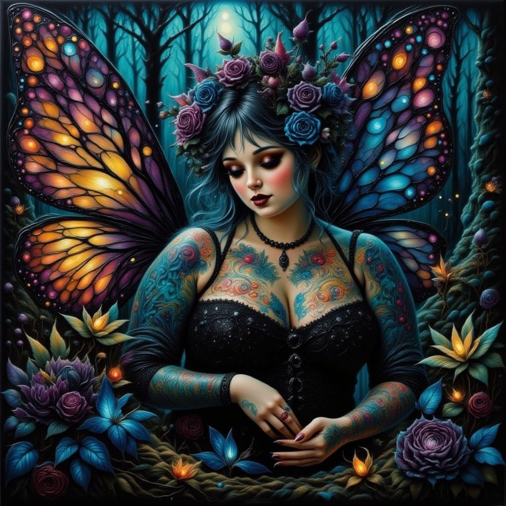 Goth Fairy Gazing at Starlight Reflected in Swamp Lake