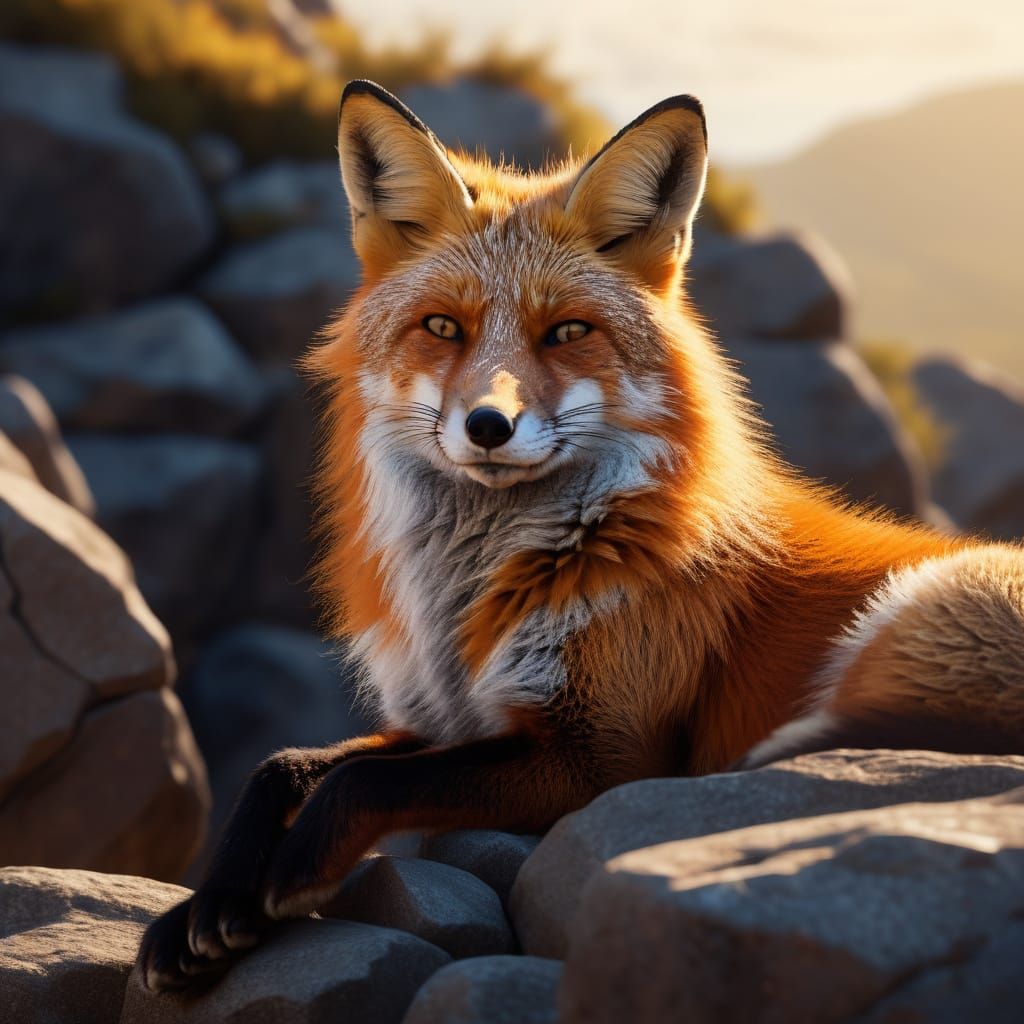 Fox Resting on Rocky Ledge in Digital Art Style