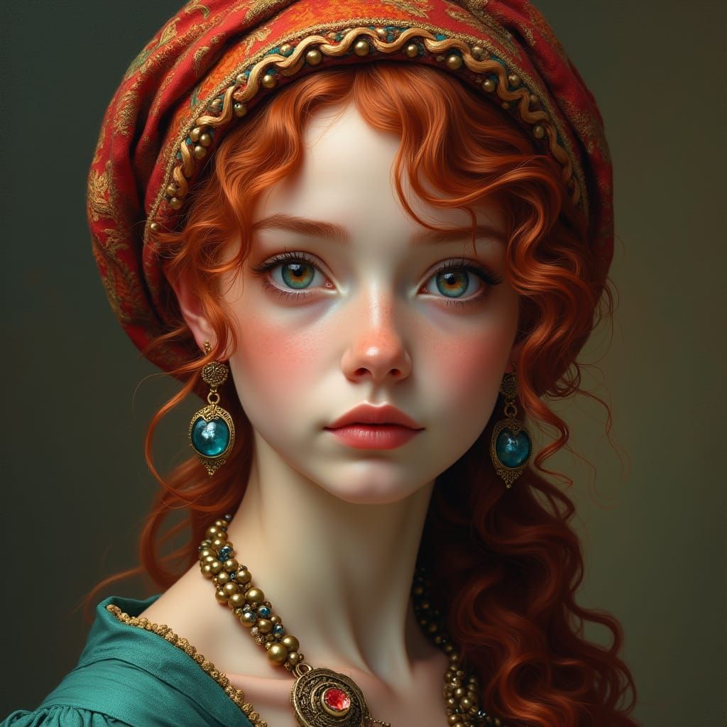Red-Haired Woman in Headscarf: Digital Oil Portrait