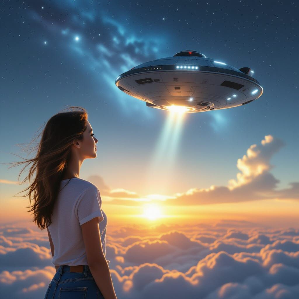 Woman Watches Spaceship Landing, Awe-Inspiring Scene