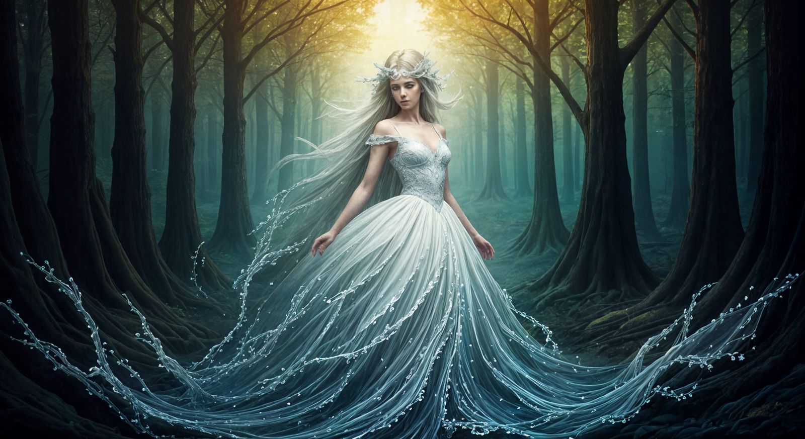 Ethereal Woman in Water Dress, Digital Art