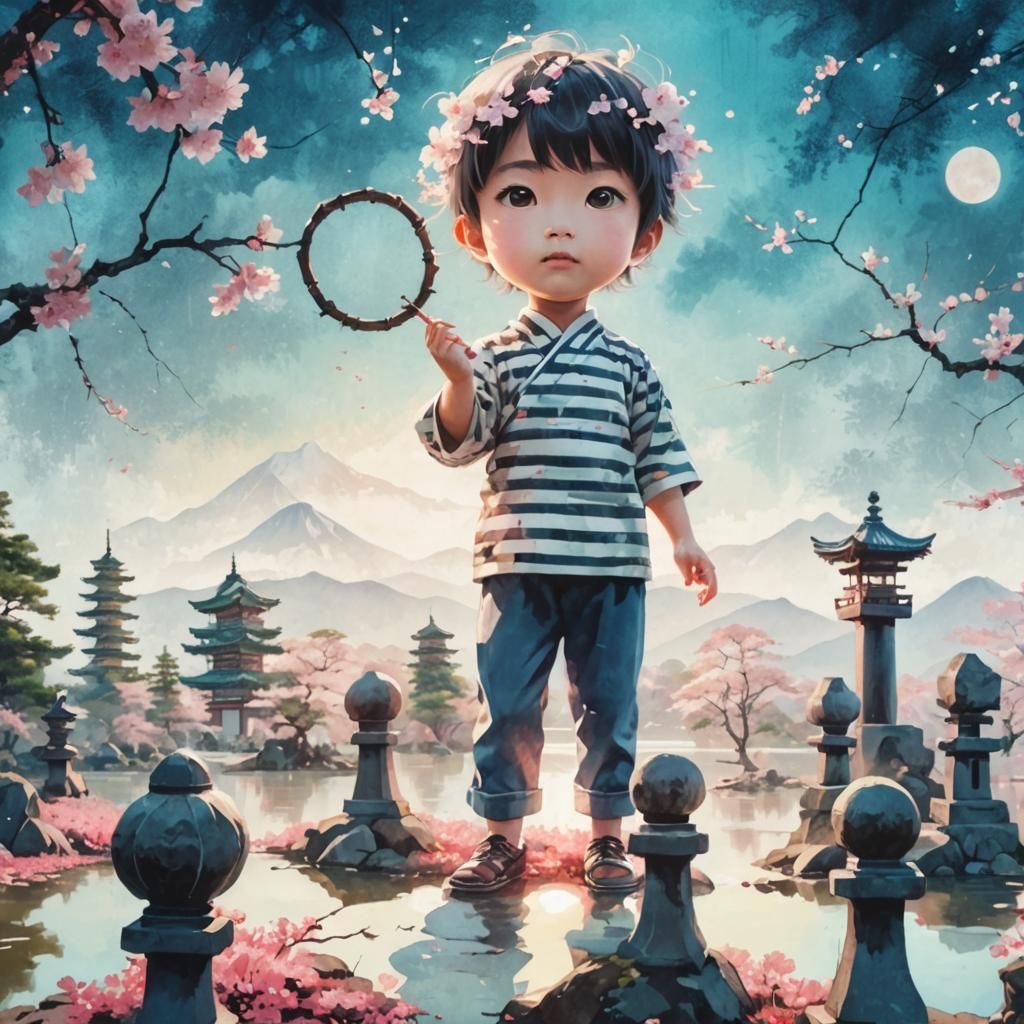 Sakura Tree by Lake: Abstract Art with Temples