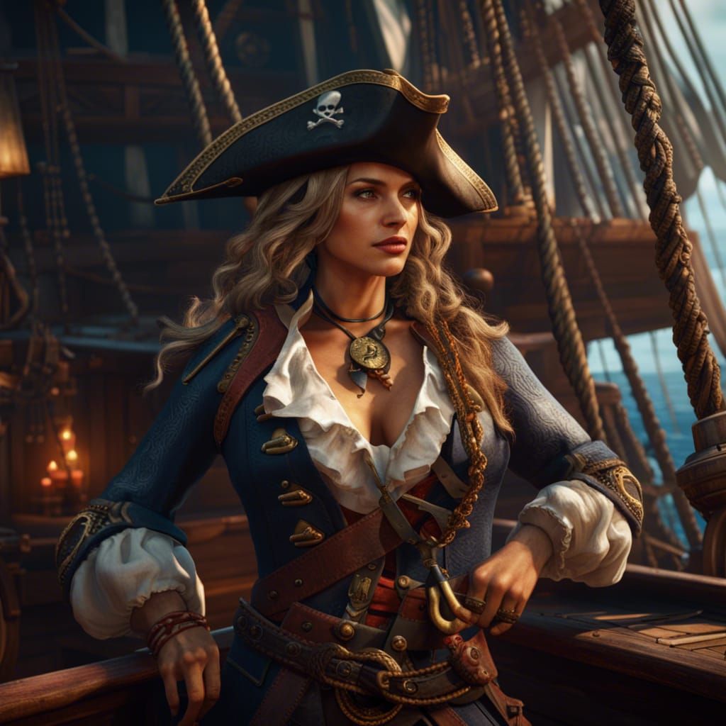 Pirate Woman on Ship: Detailed Fantasy Art