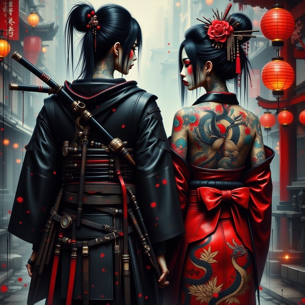 Leather Clad Samurai Leaves Sad Geisha in Neon City