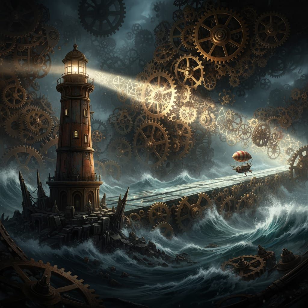 Lighthouse Guiding Airship Through Clockwork Ocean