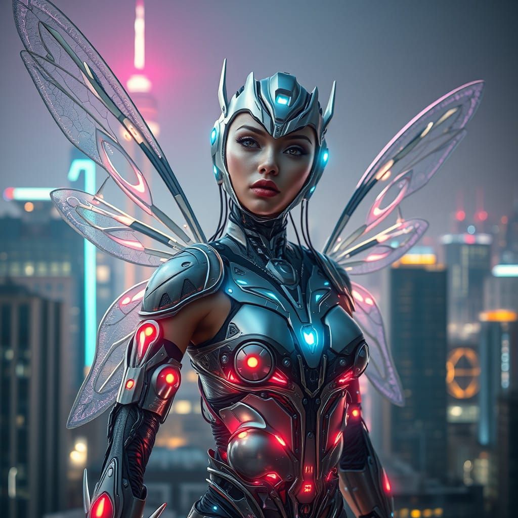 Cybernetic Fairy Woman Transforms in Neon Cityscape
