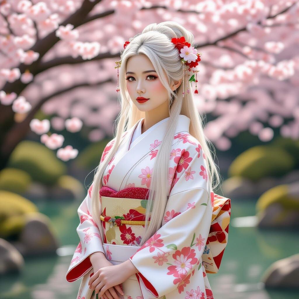Japanese Woman in Kimono in Cherry Blossom Garden