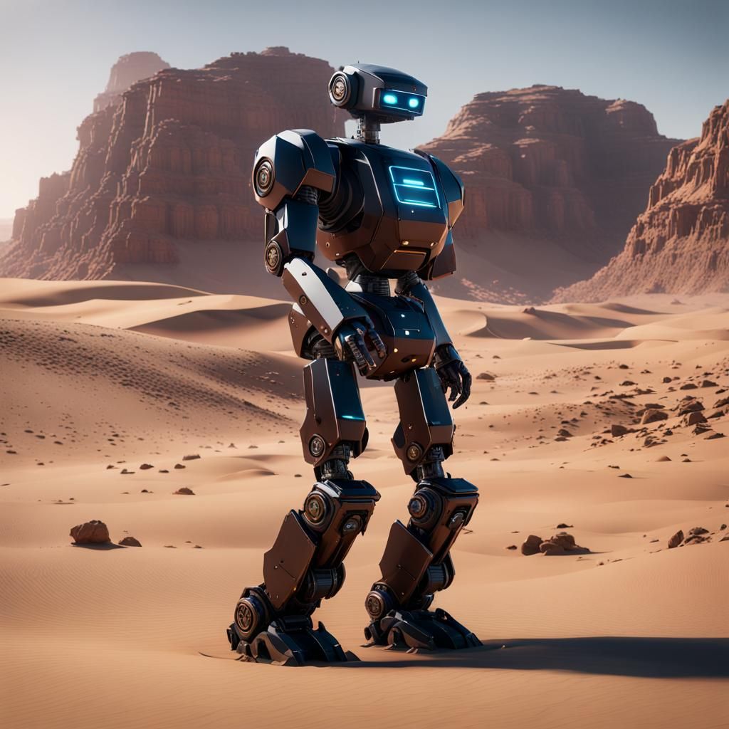 Epic Metallic Transformer Robot in Desert Landscape