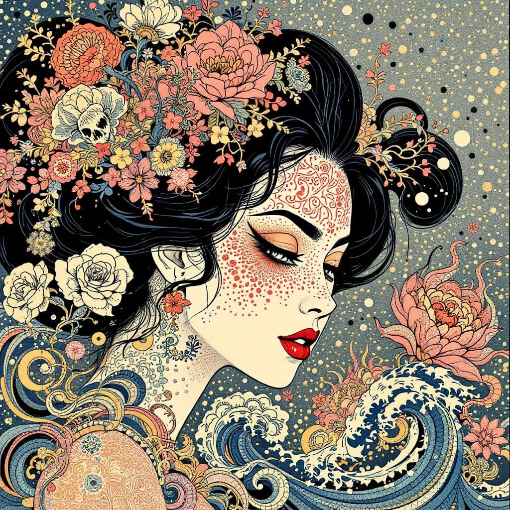 Kaleidoscopic Retro Pin-Up in Mixed Media Style