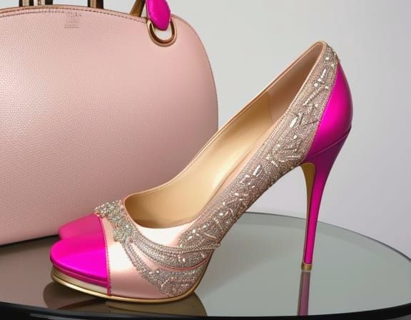 Handcrafted Lime Fuchsia Leather Handbag and Heels Set