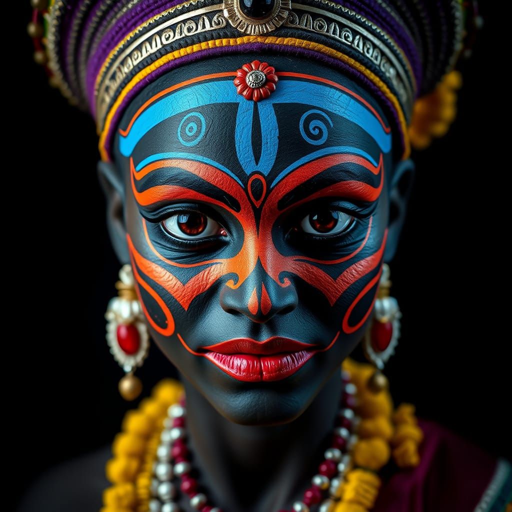 A close-up artistic illustration of a Kathakali performer's ...
