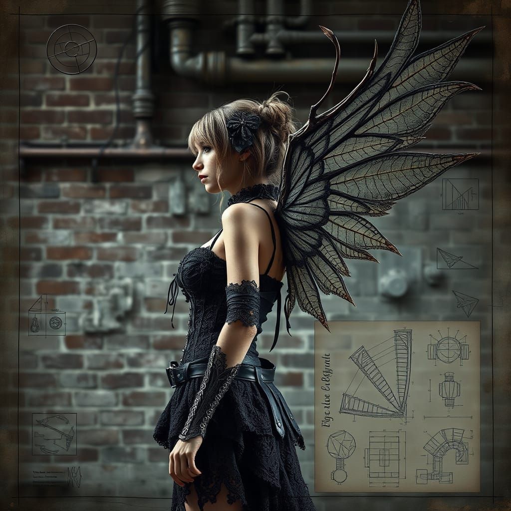 Ethereal Gothic Punk Angel with Leaf Wings and Industrial Ba...